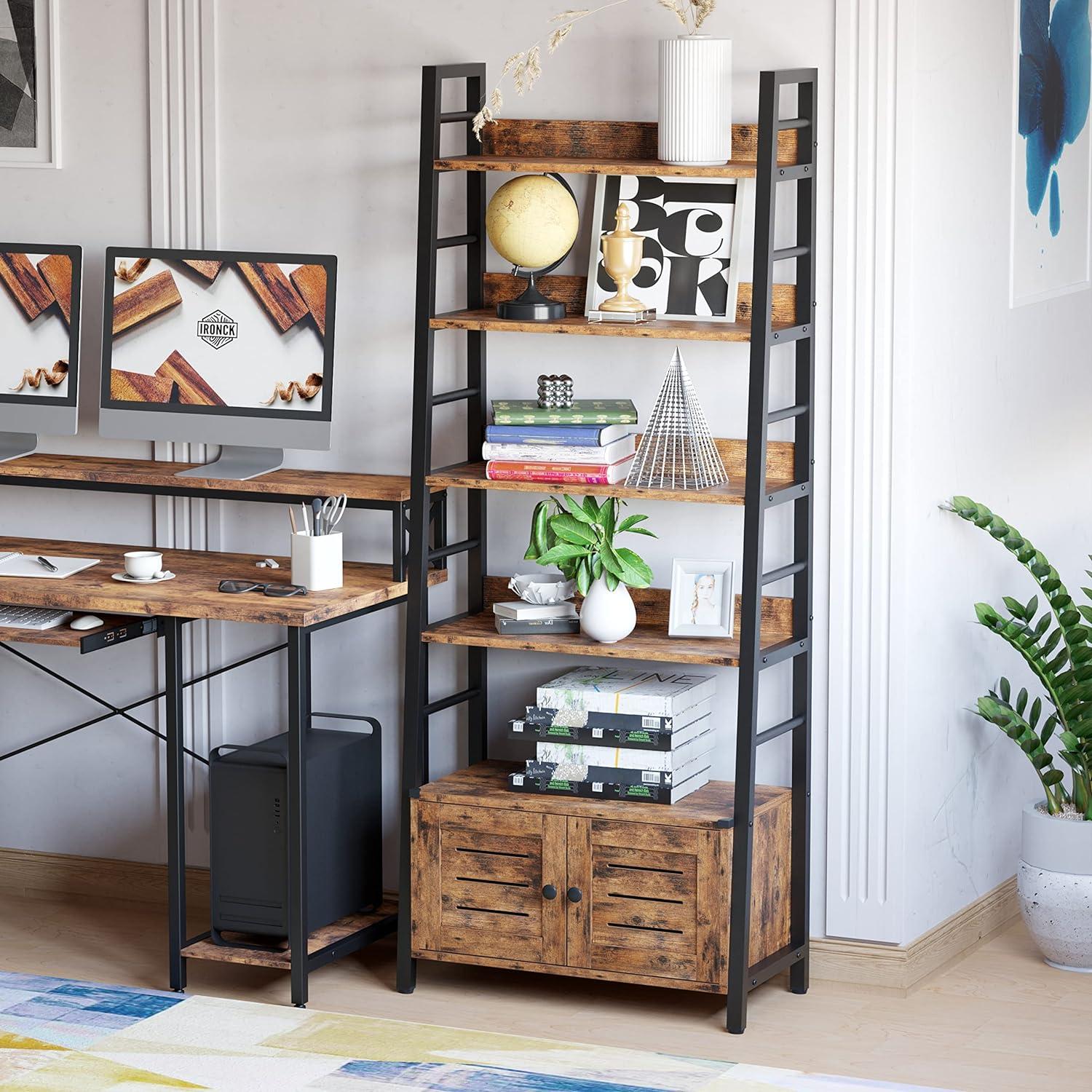 Rustic Brown 4-Tier Ladder Bookshelf with Louvered Doors