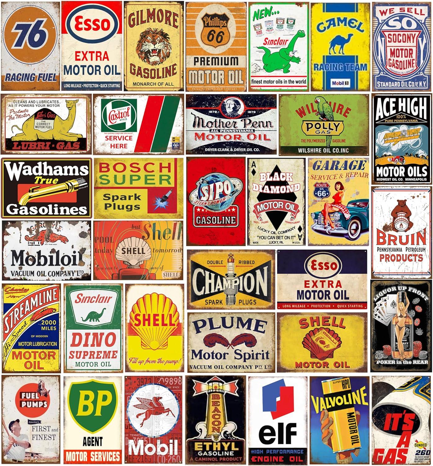 Reproduced Vintage Tin Sign Pack, Gas Oil Retro Advert Antique Metal Signs for Garage Man Cave Bar Kitchen, Nostalgic Car Decor, 8x12 Inch (35 Pieces A)