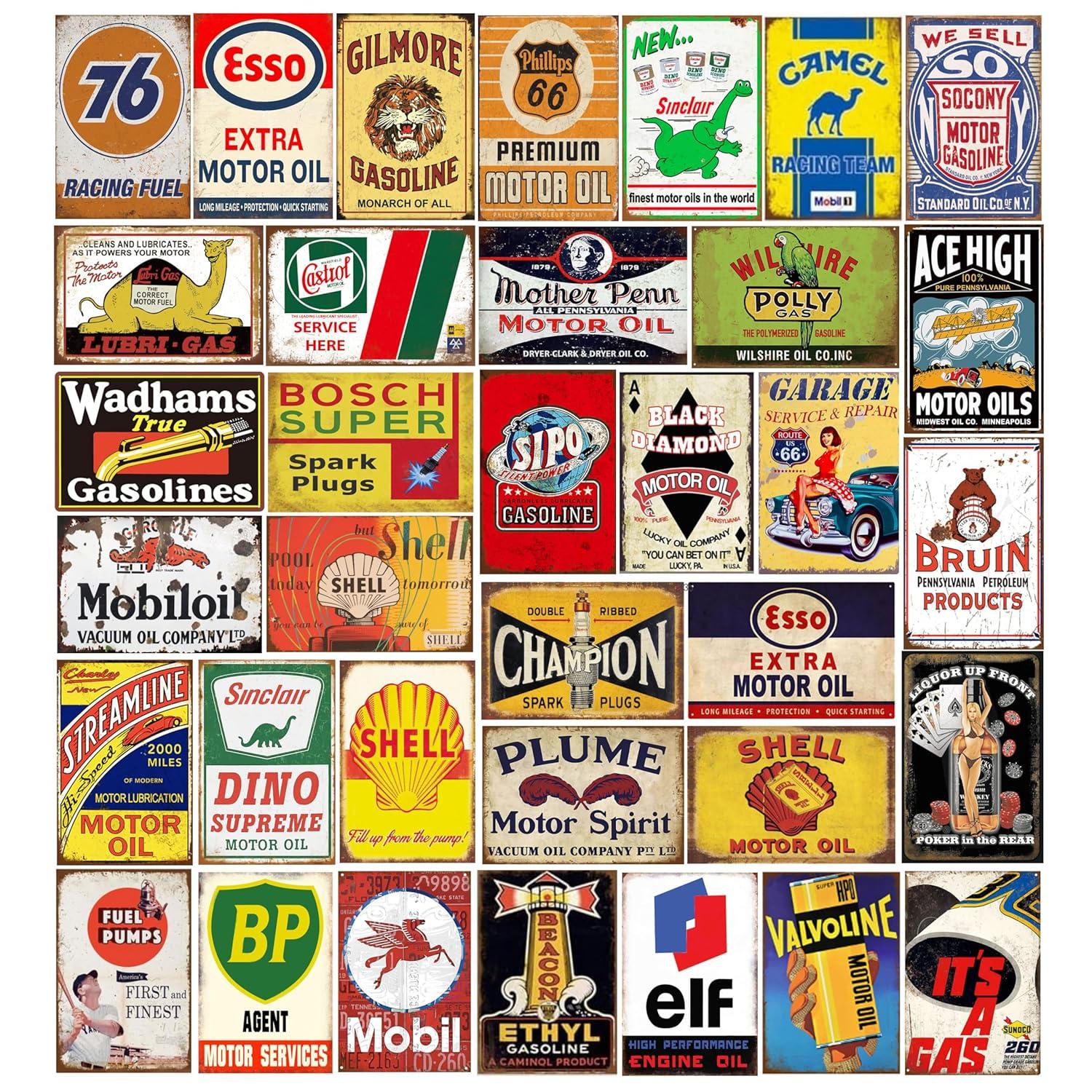 Reproduced Vintage Tin Sign Pack, Gas Oil Retro Advert Antique Metal Signs for Garage Man Cave Bar Kitchen, Nostalgic Car Decor, 8x12 Inch (35 Pieces A)