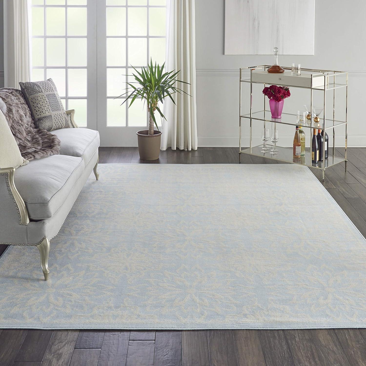 Ivory and Light Blue Floral 8' x 10' Viscose Area Rug