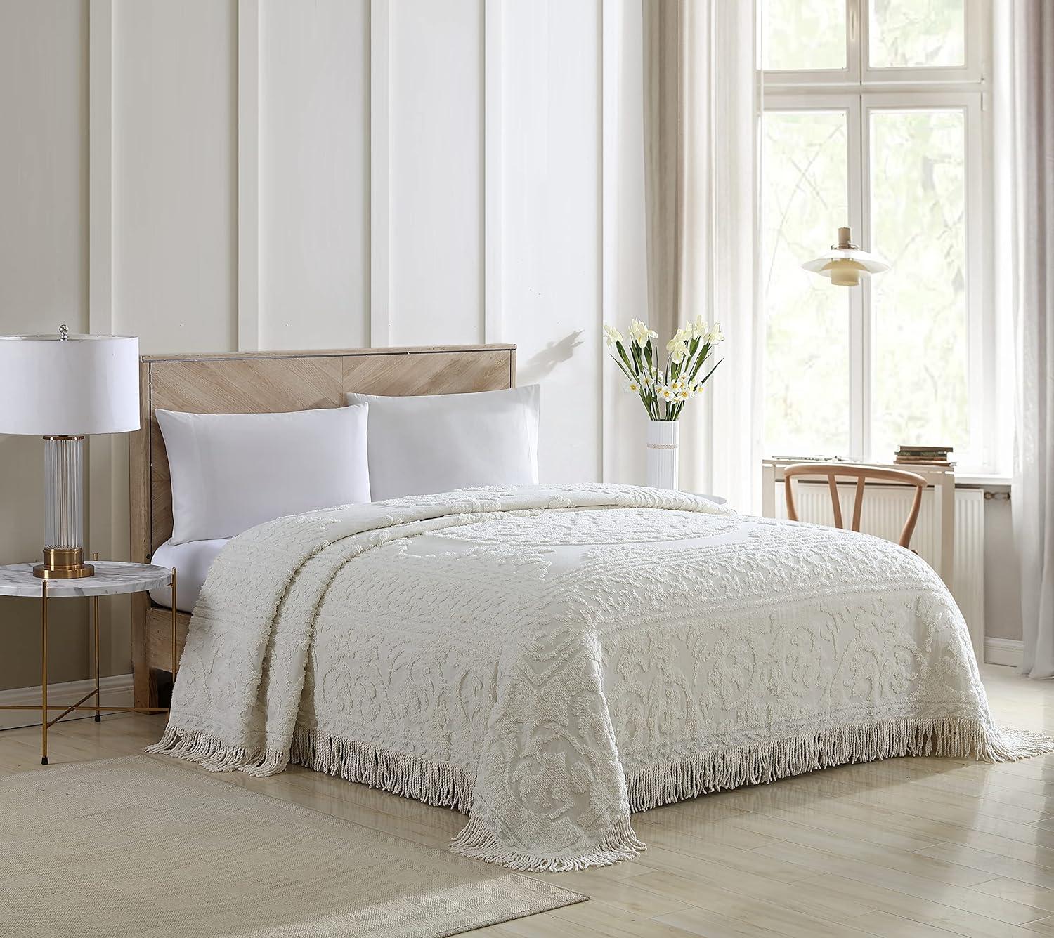 Ivory Medallion Chenille King Bedspread with Fringe Detail