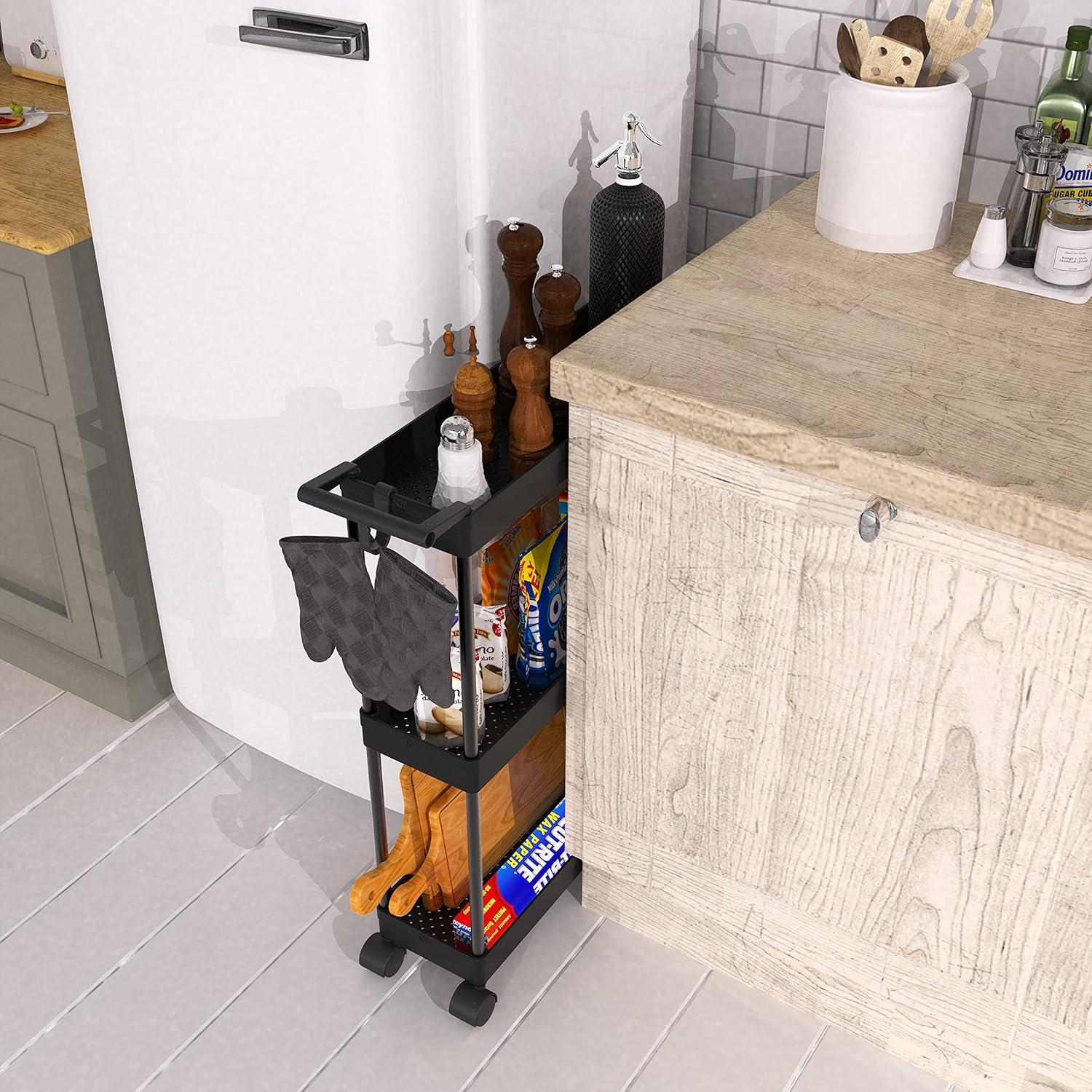 Black Slim 3-Tier Kitchen Cart with Hooks and Handle