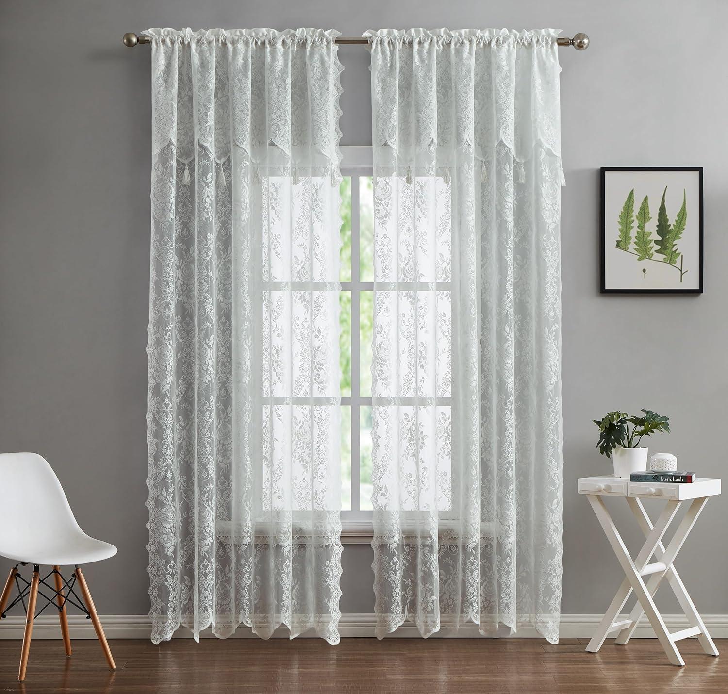 Rosdorf Park Rosdorf Park Pair Of 2 Sheer Lace Curtain Panels with Attached Matching Valance With 6 Tassels. (Set of 2)