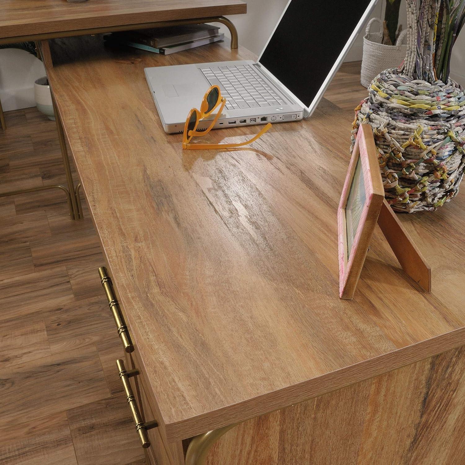 Sindoori Mango L-Shaped Wood Desk with Gold Frame