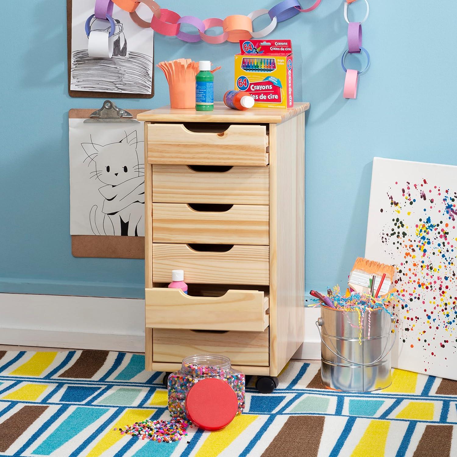 Natural Pine Six Drawer Rolling Storage Cart