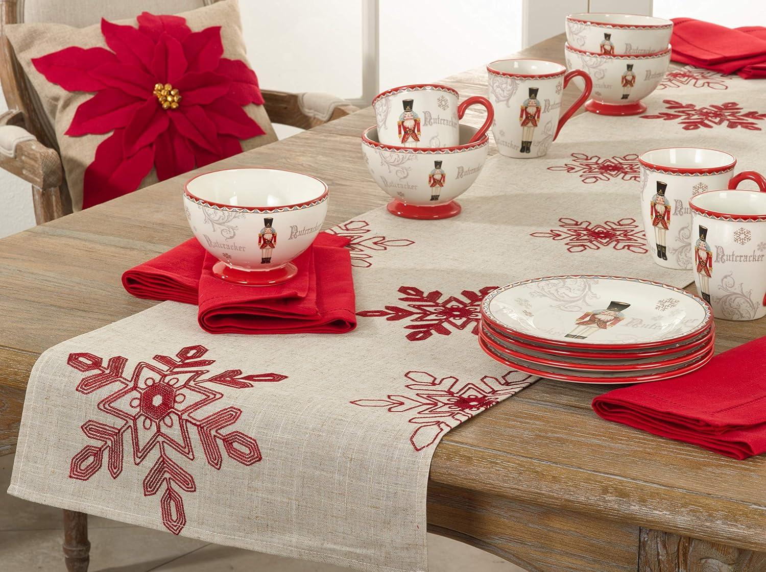 16" X 90" Snowflake Runner Red - SARO Lifestyle: Embroidered, Festive, Polyester, Rectangular