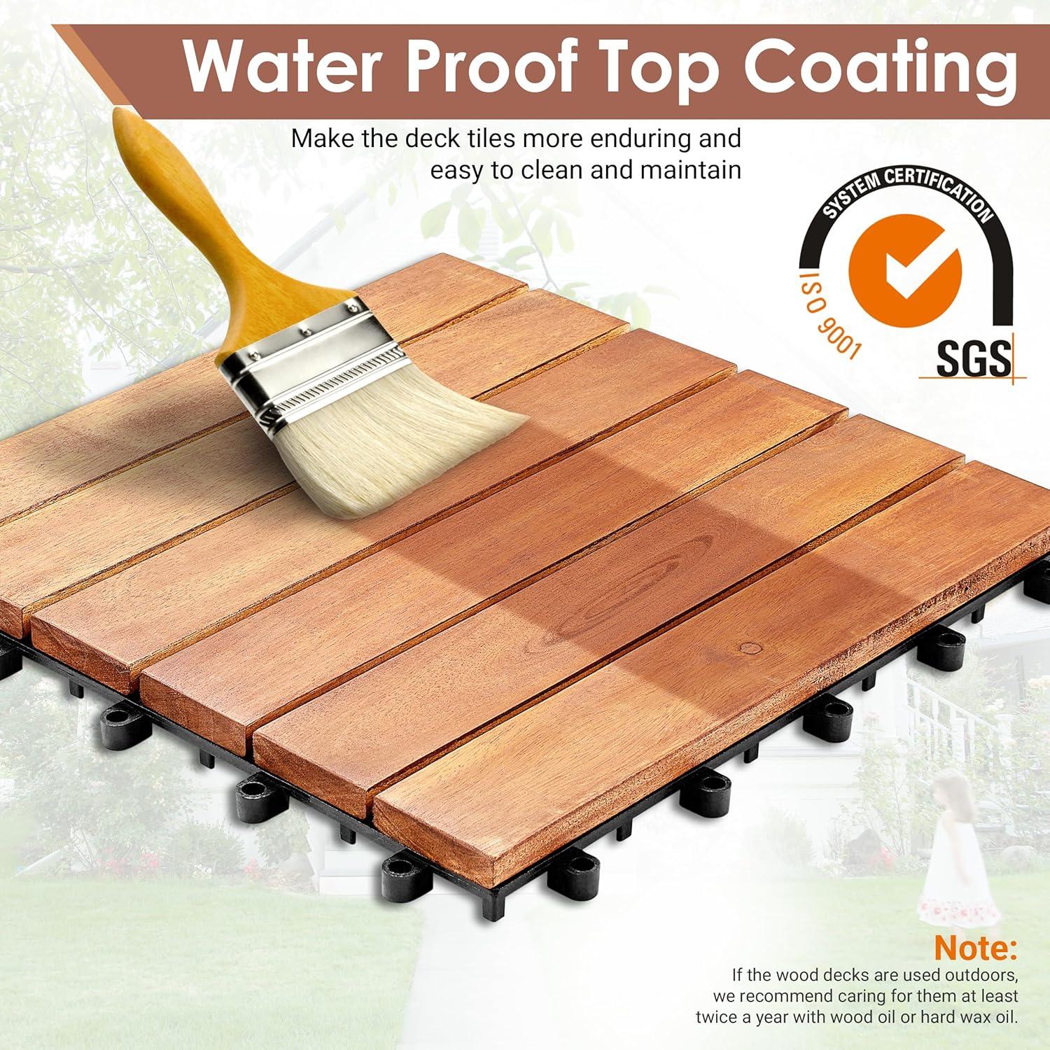 PrimeZone 27 PCS Solid Acacia Wood Interlocking Patio Deck Tiles - 12" x 12" Indoor Outdoor Waterproof Flooring Tiles for Balcony, Backyard, Garden & Poolside, All Weather Use, Brown