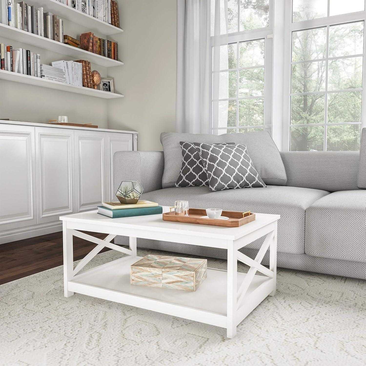 White MDF Rectangular 2-Tier Coffee Table with X-Leg Design