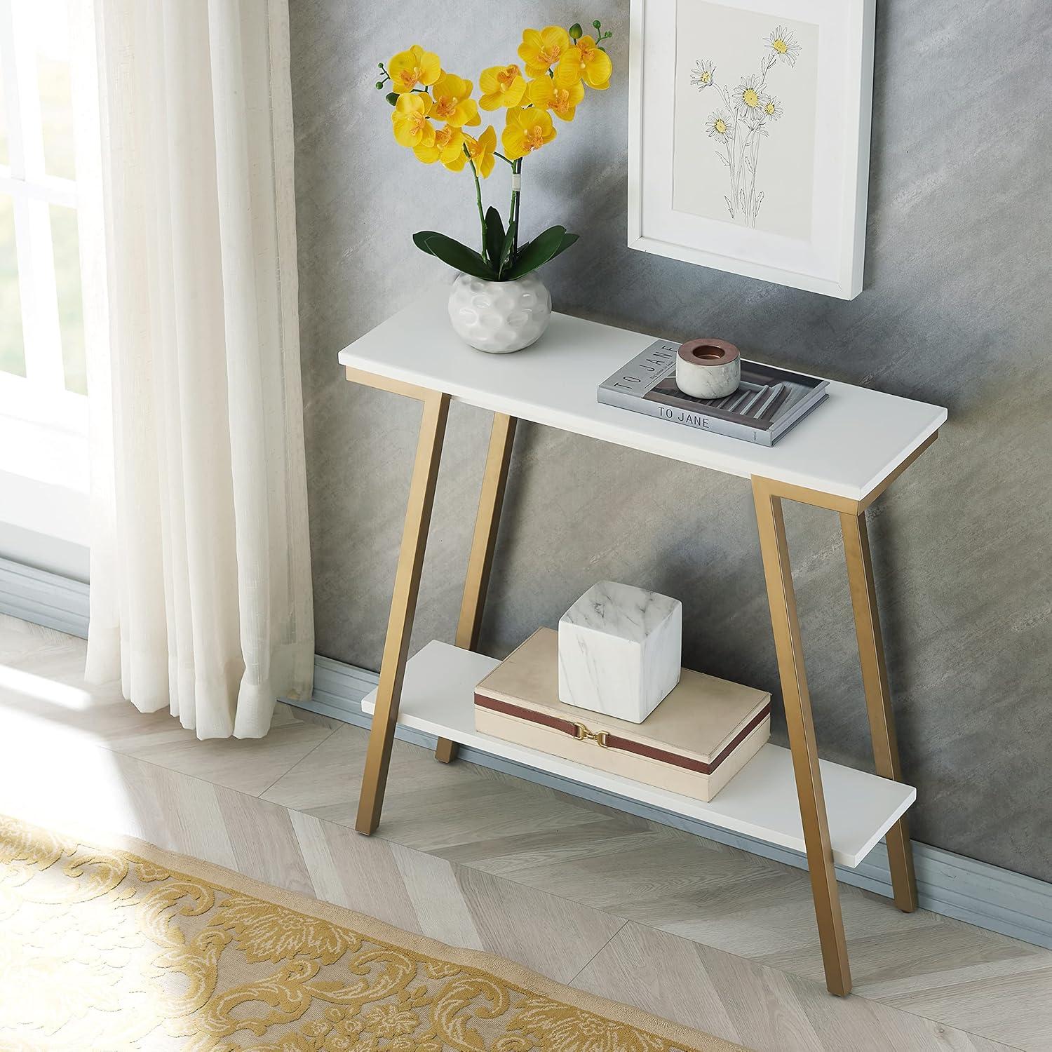 Leick Home 11431-WT Mixed Metal and Wood Hall Console Sofa Table, White and Gold