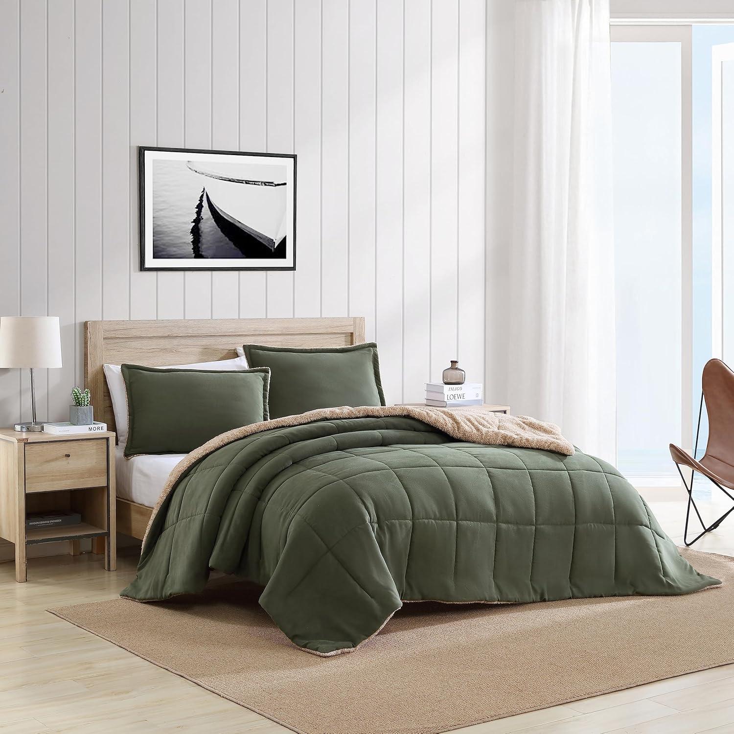 Nautica Beckett Microsuede/Sherpa Reversible Green Comforter Set