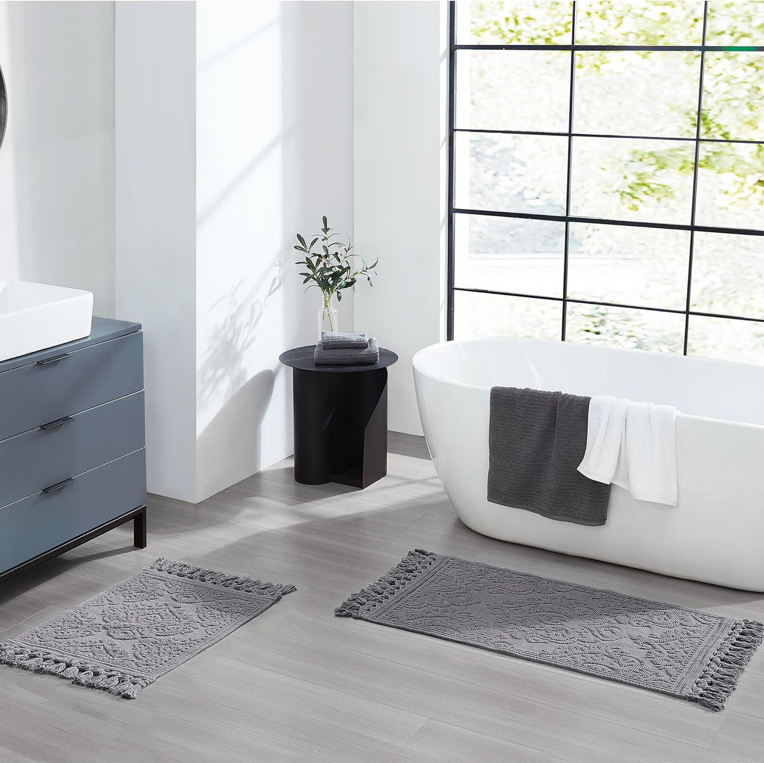 Jean Pierre Ricardo Cotton Fringe 2-Piece Bath Rug Set, Dark Grey