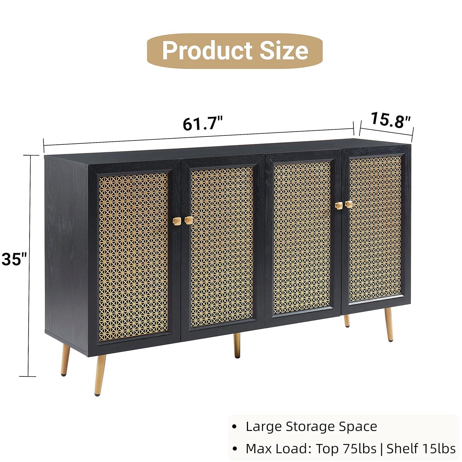 61.7''W Four Door Wood Buffets and Sideboards Storage Cabinet with LED Light Black