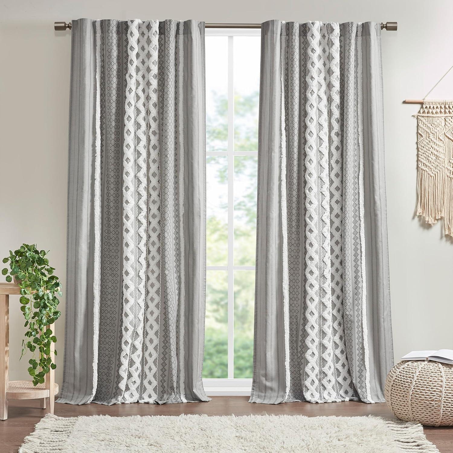 INK+IVY Imani Cotton Printed Boho Single Curtain Panel with Chenille Stripe and Lining