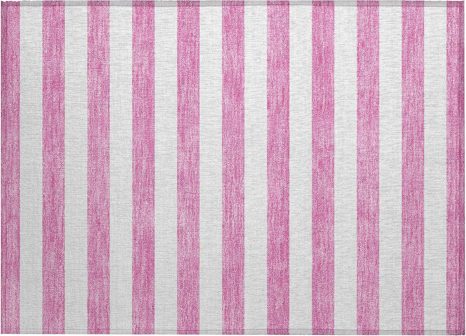 Pink and White Striped Synthetic Washable Area Rug