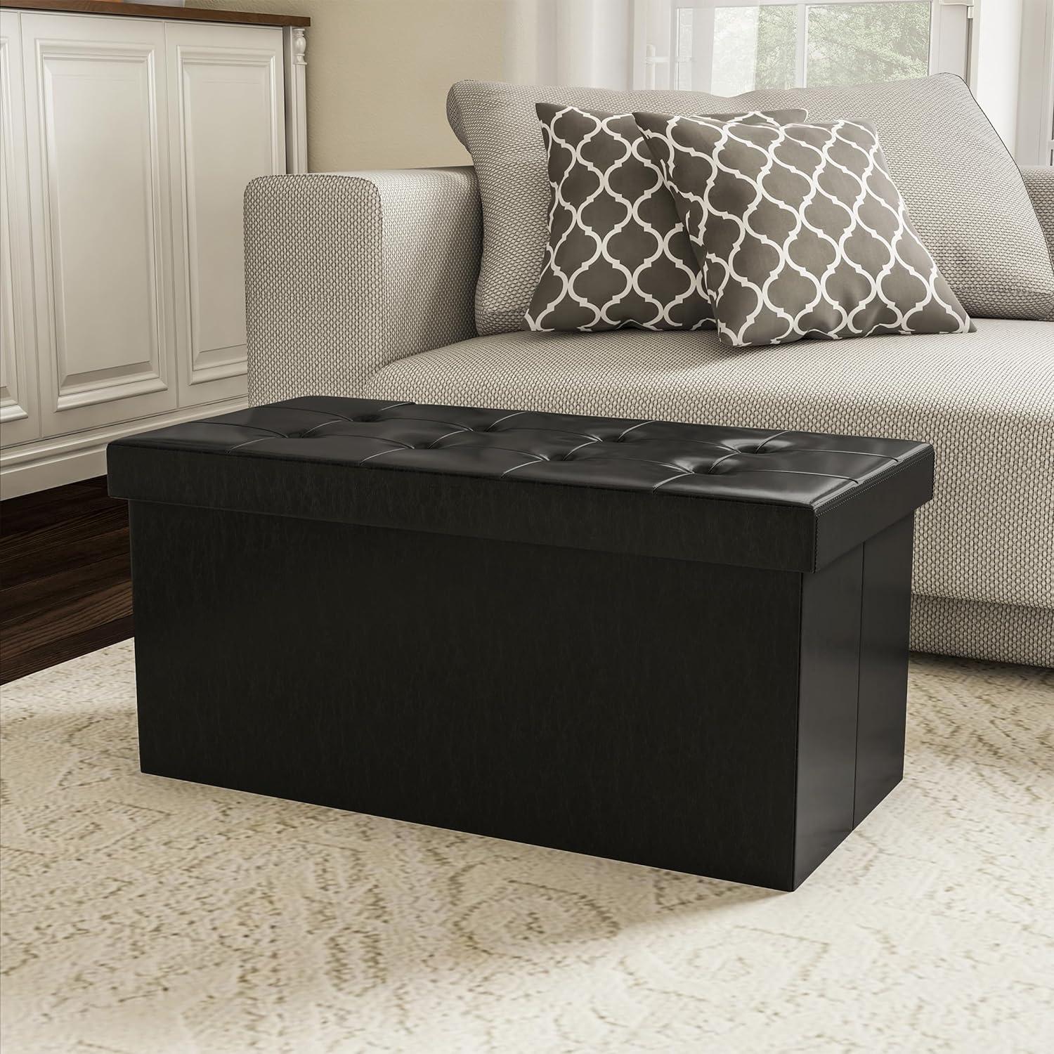 Chic Black Faux Leather 30" Folding Storage Ottoman with Removable Bin