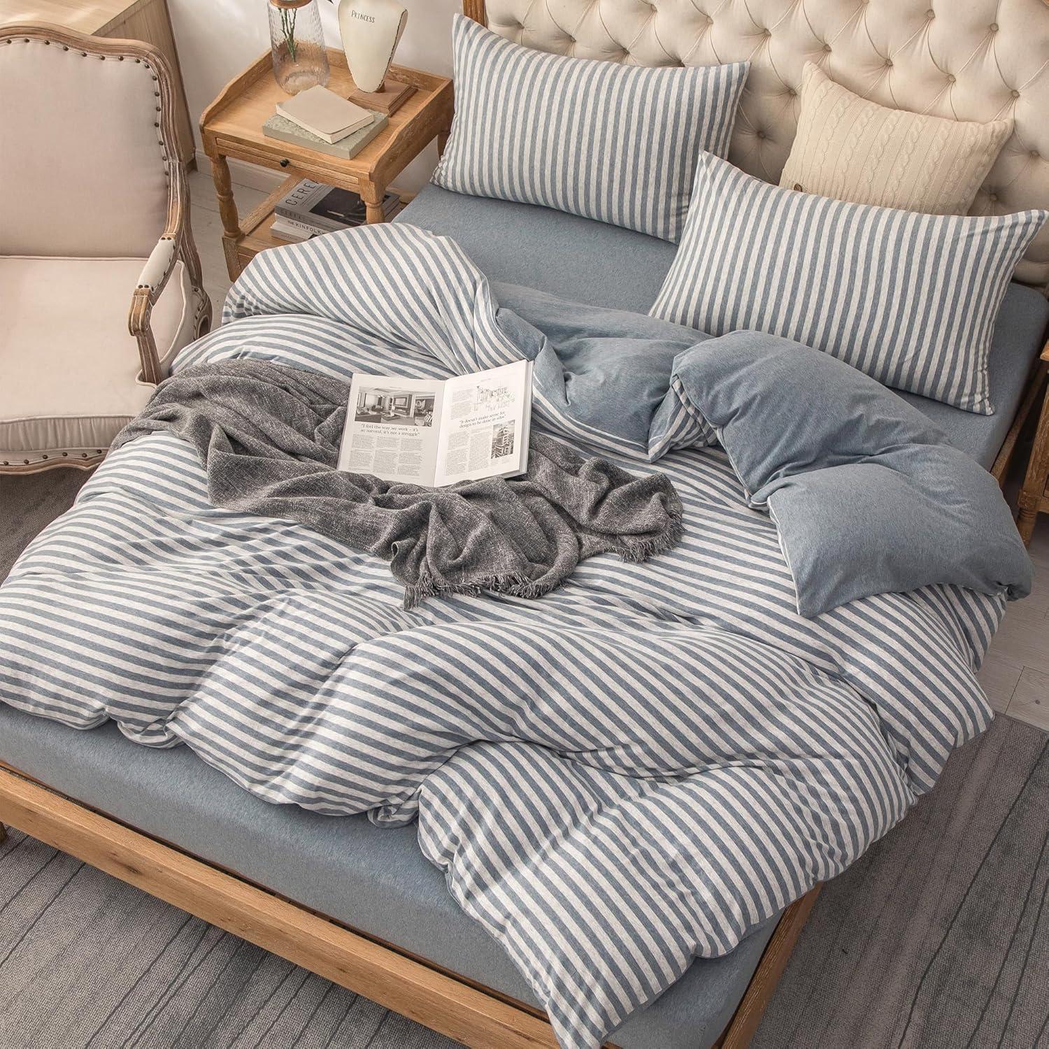 PURE ERA Jersey Knit 100% Cotton Striped Duvet Cover Set With Zipper Closure Reversible bedding,Blueish Grey Stripe, King Size