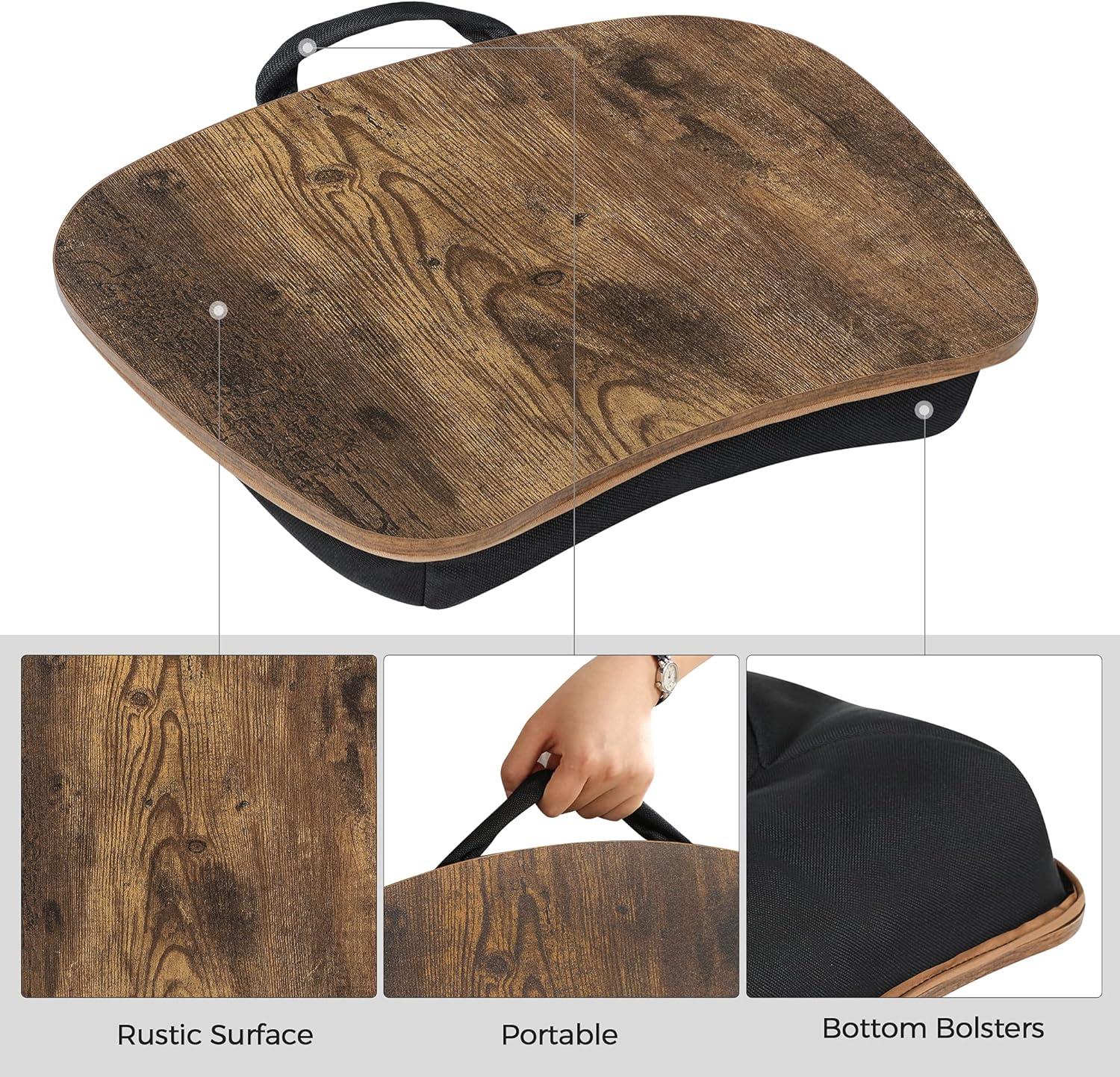 Portable Lap Desk,  Rustic Brown, Bed Tray with Handle & Cushion, Laptop Table for Comfort.