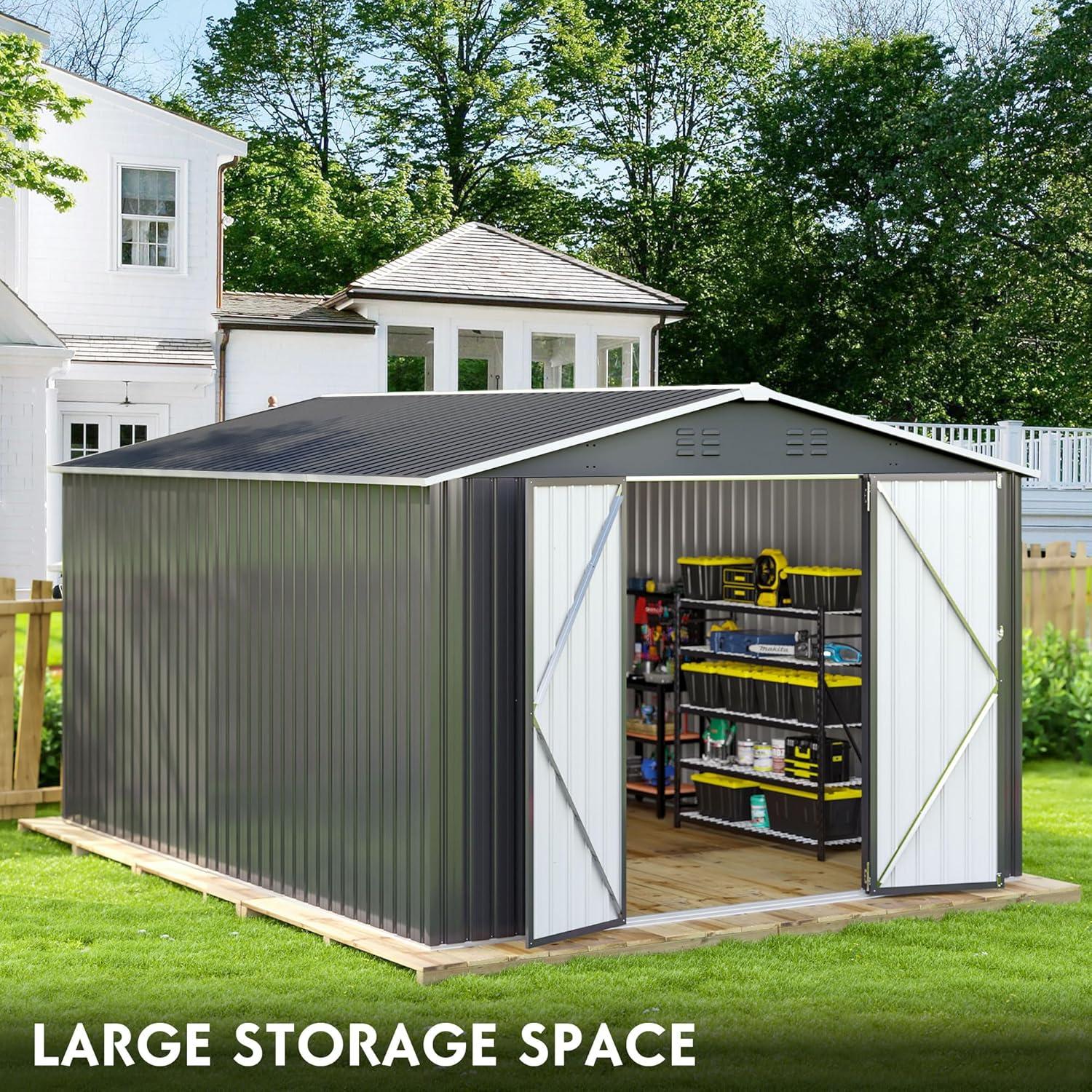 10 ft. W x 14 ft. D Outdoor Metal Shed Storage with Updated Frame Structure and Lockable Doors