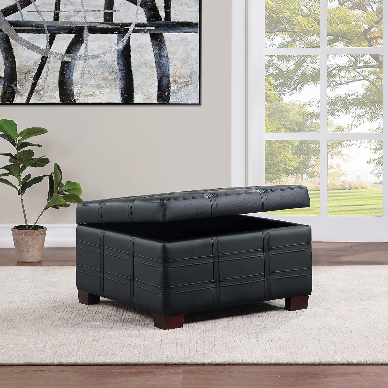 Detour Strap Square Storage Ottoman in Black Faux Leather