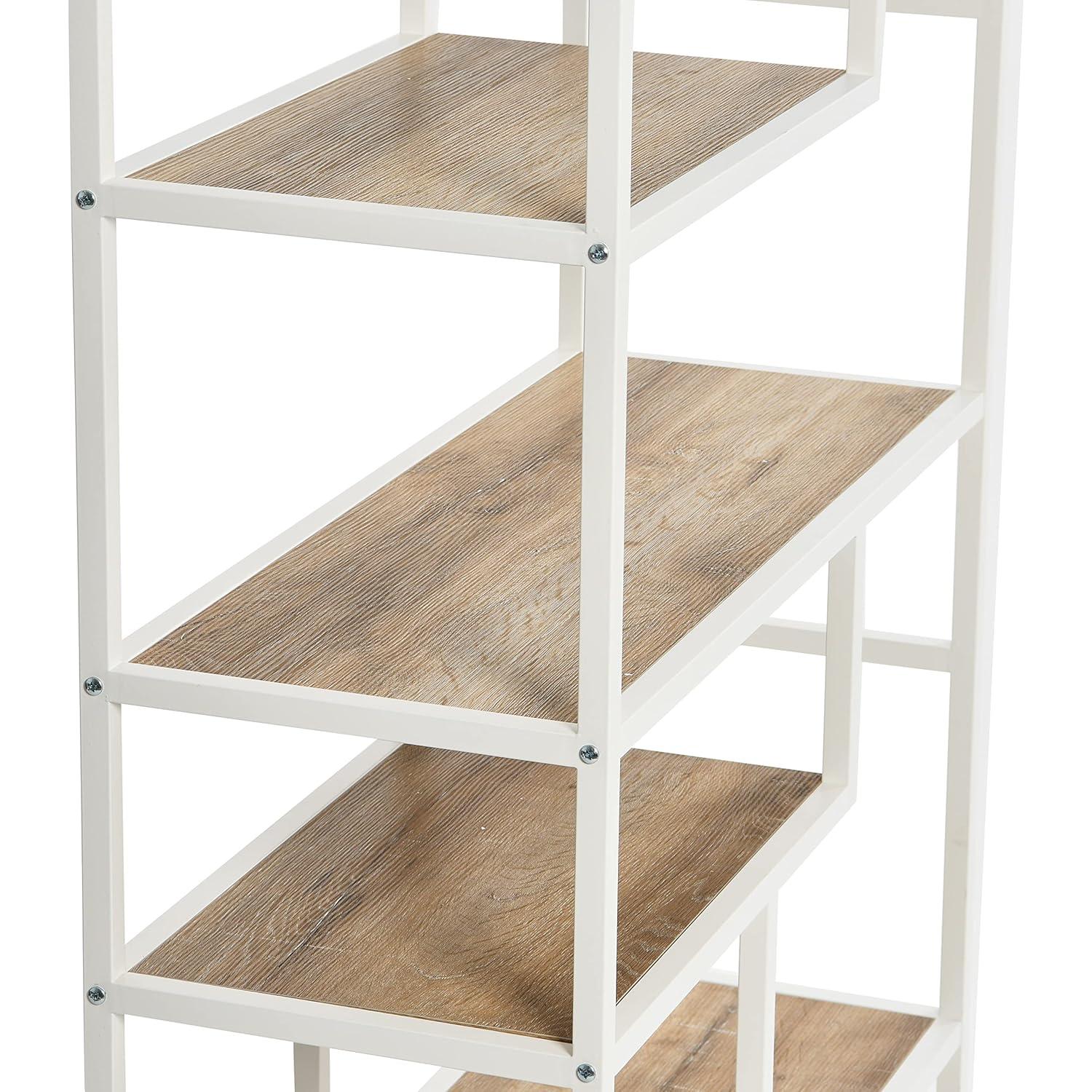 Household Essentials Jamestown Tall 6 Shelf Open Storage Bookshelf Coastal Oak Rustic Wood Grain and White Metal