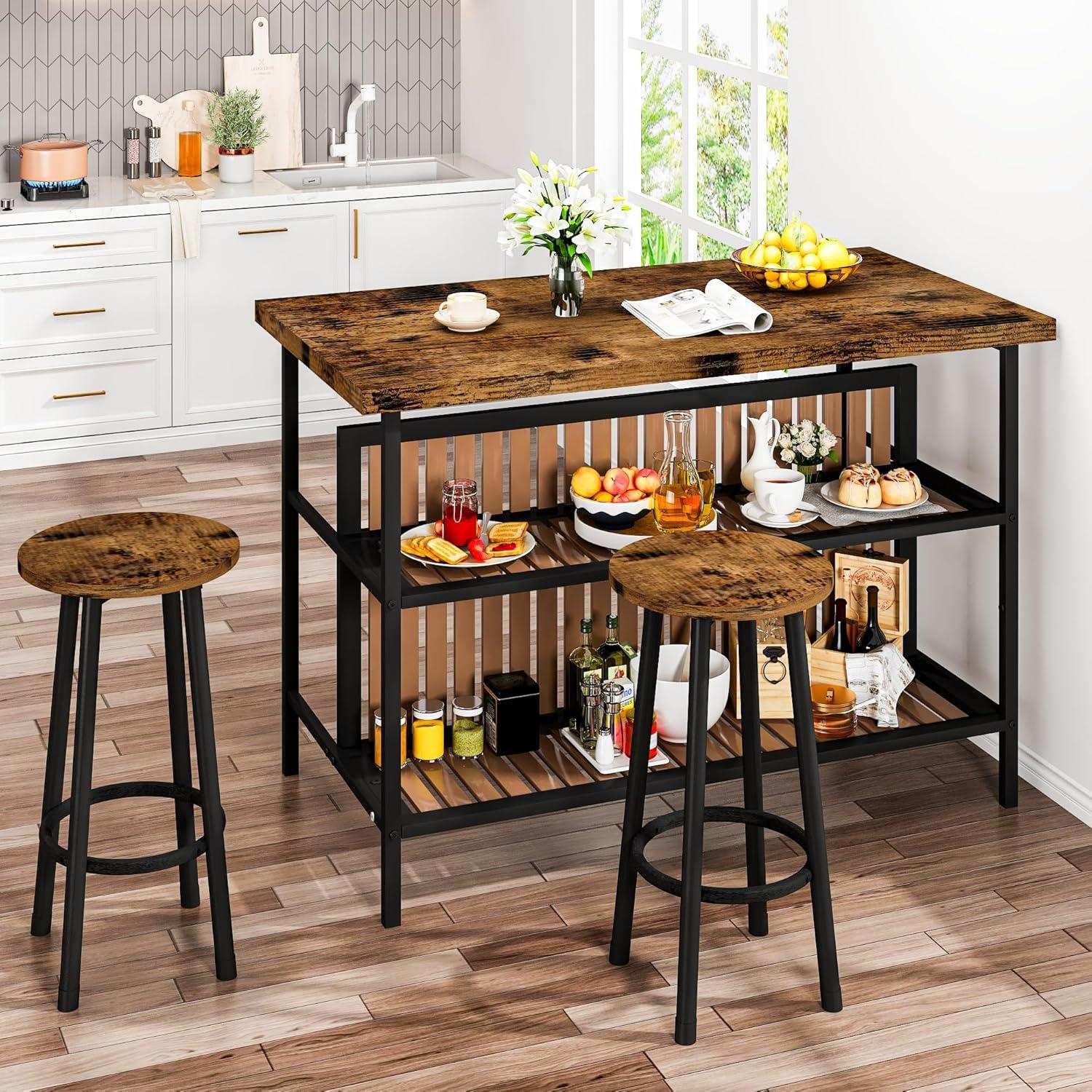 DKLGG Kitchen Island with Storage, 3 Piece Dining Table Set with 2 Tier Storage Shelves, Bar Table with Barstool, Sturdy Island Table with Chairs for Restaurant, Living Room