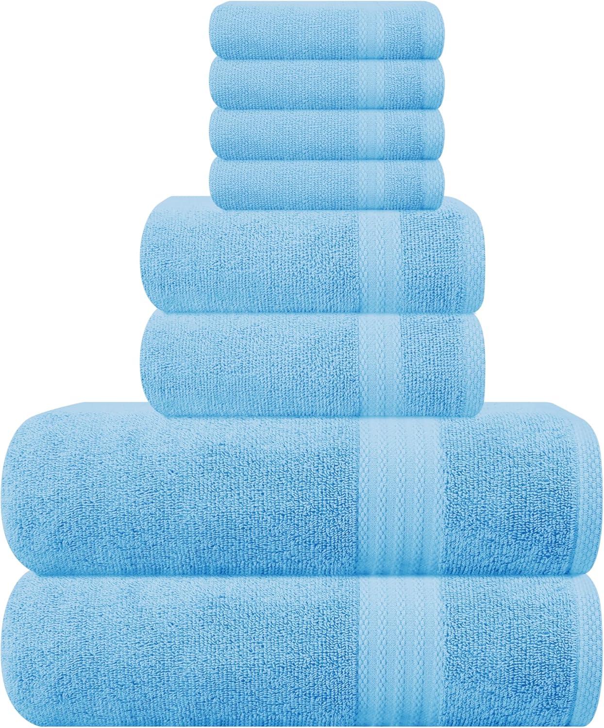 GLAMBURG Ultra Soft 8-Piece Towel Set - 100% Pure Ringspun Cotton, Contains 2 Oversized Bath Towels 27x54, 2 Hand Towels 16x28, 4 Wash Cloths 13x13 - Ideal for Everyday use, Hotel & Spa - Sky Blue