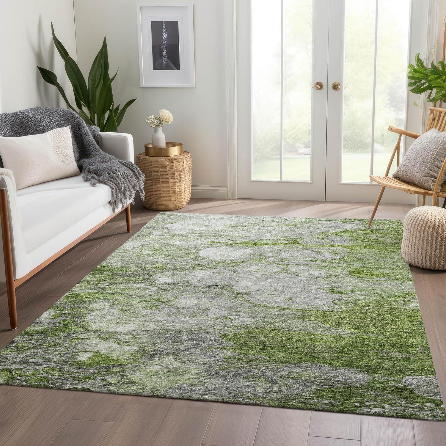 Olive and Gray Abstract Washable Synthetic Area Rug 5' x 7'