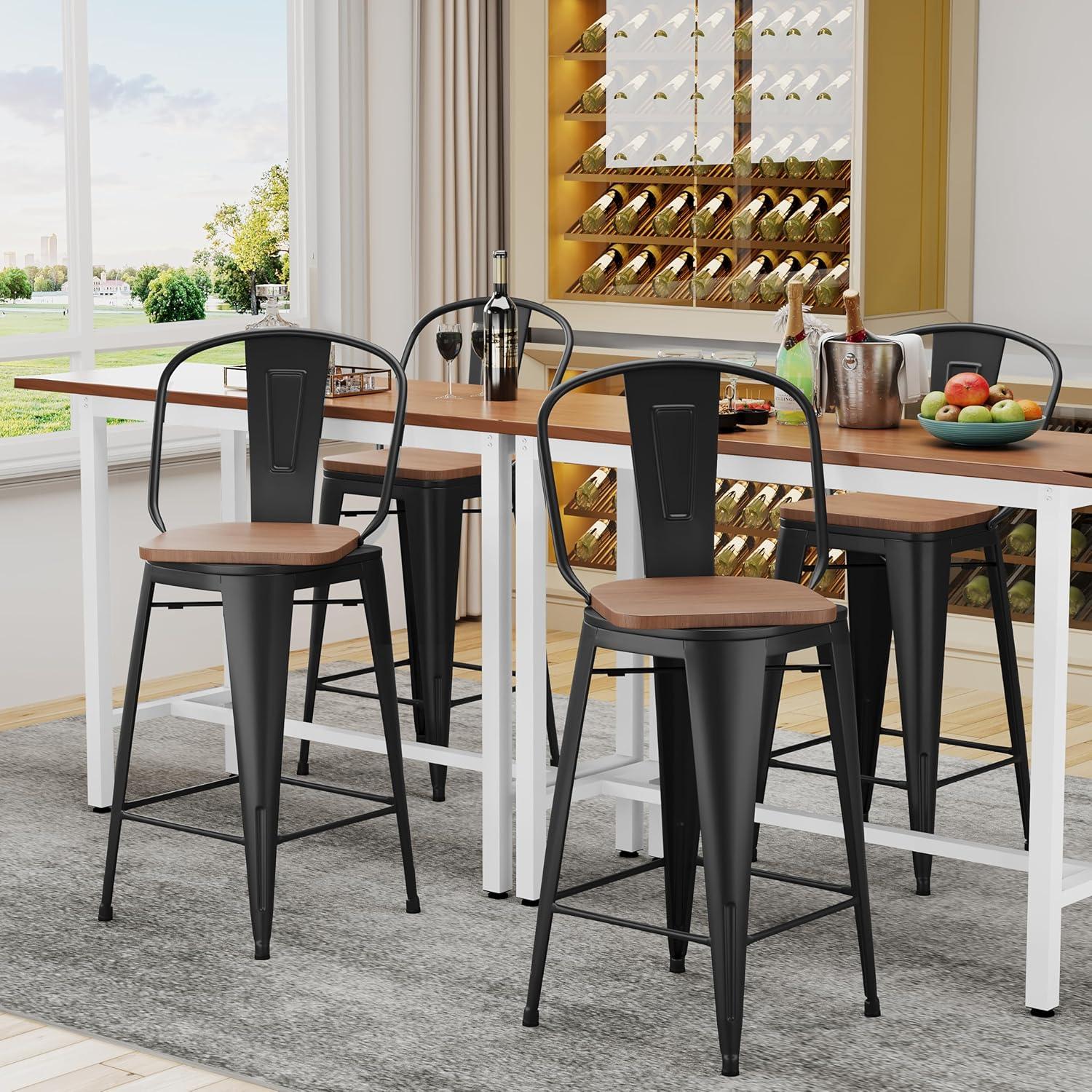 Alunaune 26" Swivel Metal Bar Stools Set of 4 High Back Counter Height Barstools Industrial Dining Bar Chairs with Large Wooden Seat-Matte Black