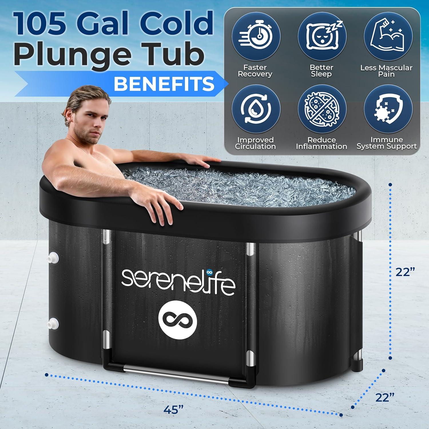 SereneLife 105 Gallon Insulated Oval Ice Bath Tub for Athletes, One Person Cold Plunge Therapy Recovery Pod for Recovery, Multi Layered with Aluminum Frame, Portable for Indoor Outdoor, Home, Gym Use