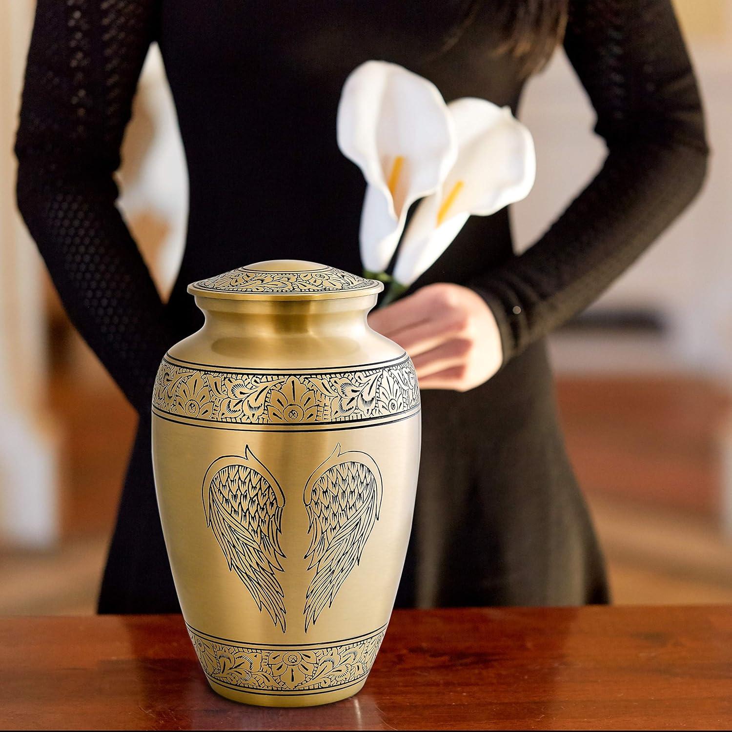 Cremation Urn for Human Ashes with Satin Bag, for Adults up to 200 lbs | Large Handcrafted Funeral Urns by Divit Shilp (Golden Angel Wings, Adult)