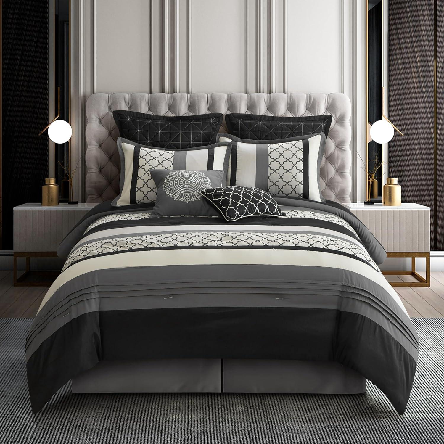 Nanshing Avalon 8 Piece Trellis Moroccan Print Comforter Set, Black/Grey, King