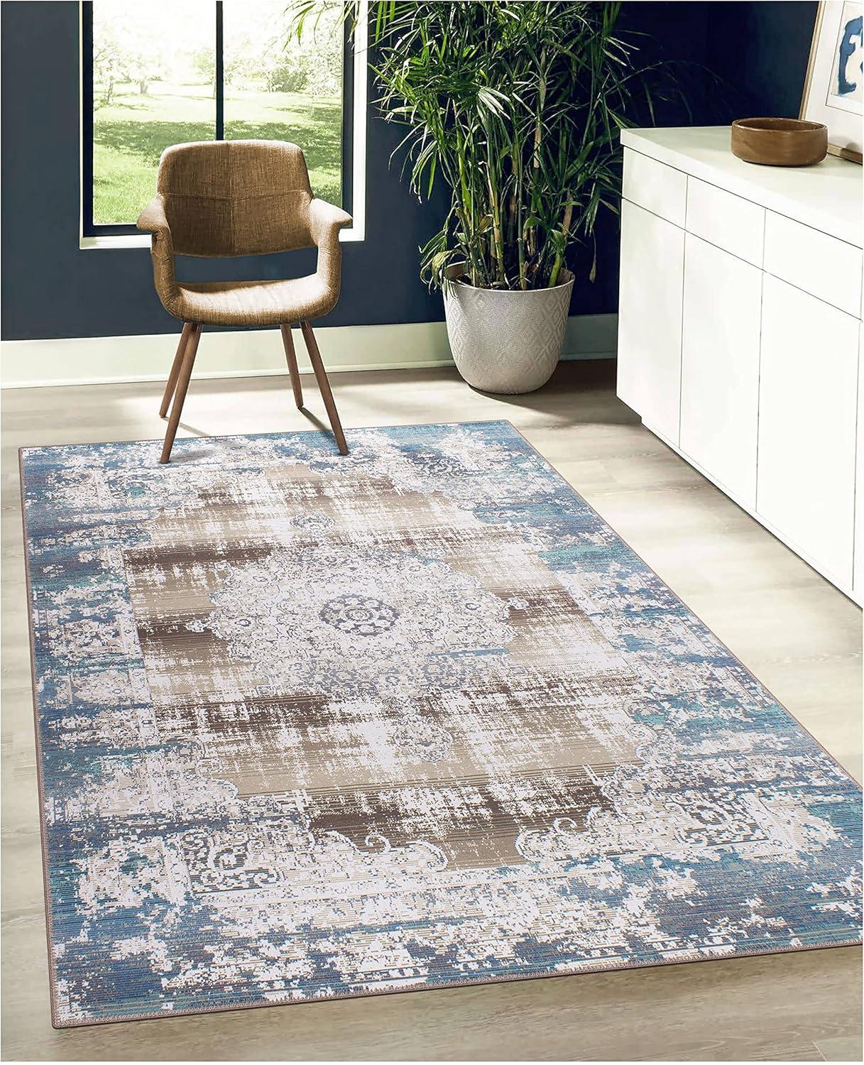 GLN Rugs Agean- Machine Washable Area Rug - 6'6"x9'6" Turkish Vintage Rug Blue