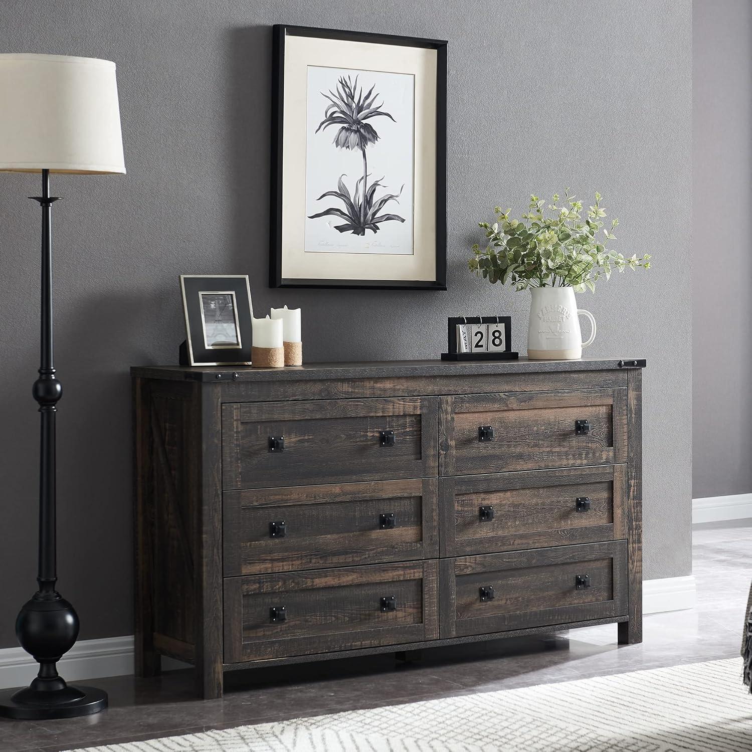 Farmhouse 6-Drawer Dresser - Rustic Dark Oak Storage, 54"L x 16"D x 31"H, Barn Door Style, Antique Brass Knobs, Wide Chest Organizer for Bedroom/Living Room