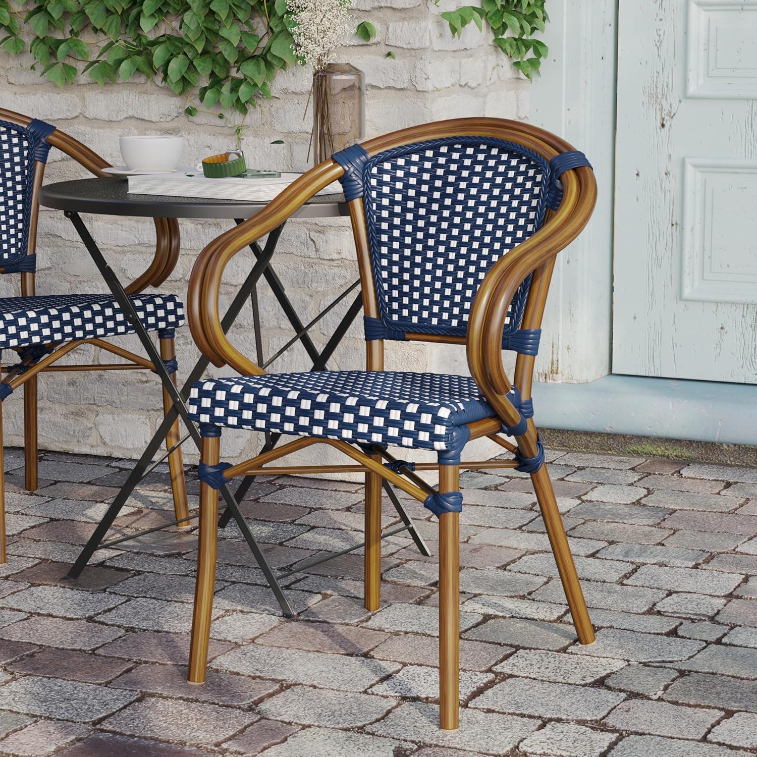 Flash Furniture 4 PK Bordeaux Indoor/Outdoor Commercial Bistro Stacking Chair w/ Arms, Navy & White PE Rattan & Bamboo Print Aluminum Frame in Natural
