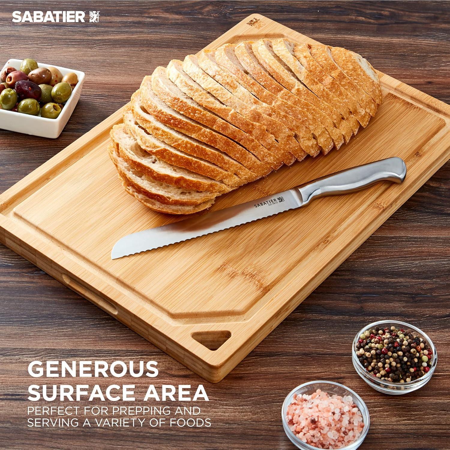 Sabatier Extra-Large Bamboo Cutting Board with Juice Trench & Handles, Reversible Kitchen Chopping Board for Meal Prep & Serving, Bread Board with Grooves for Charcuterie (12" x 18")