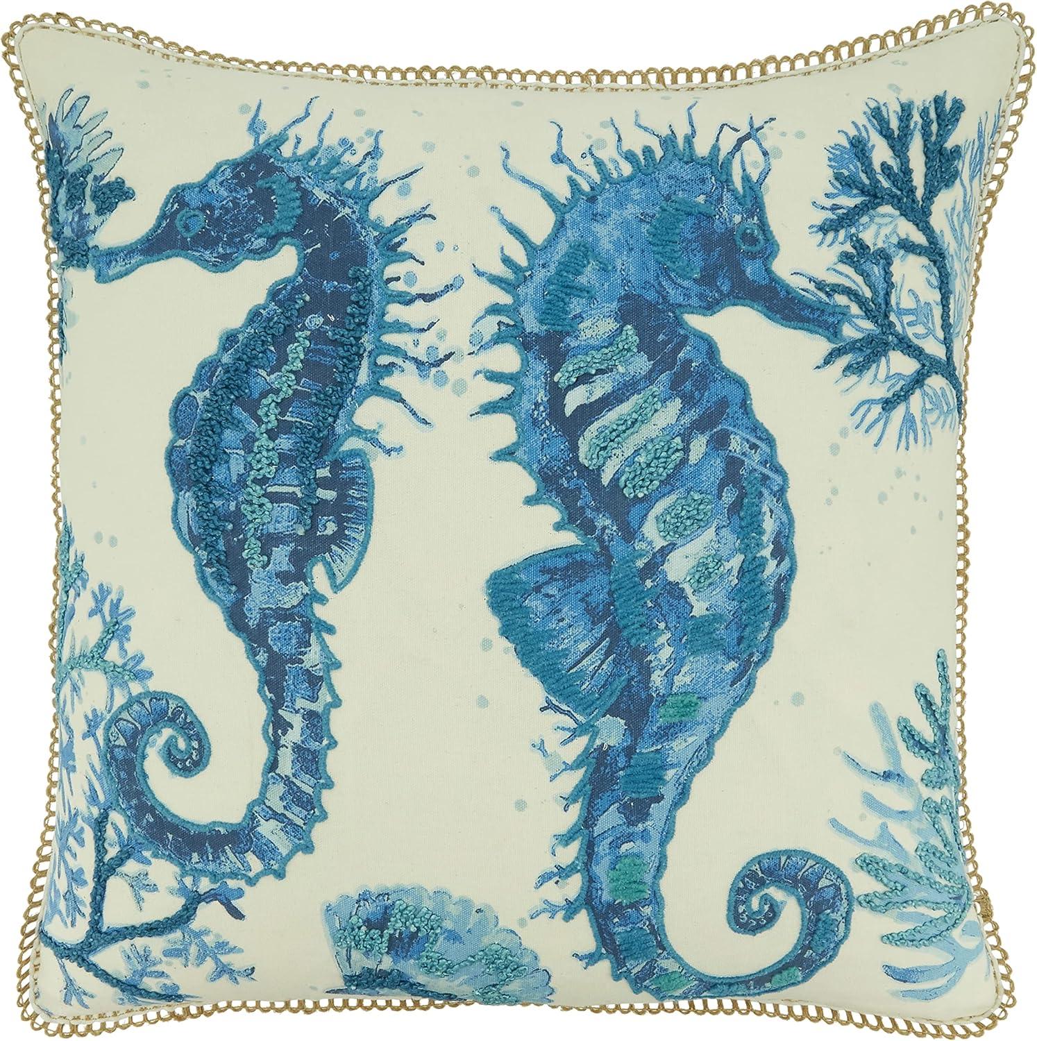 Navy Blue Cotton Sea Horse Design Throw Pillow Cover