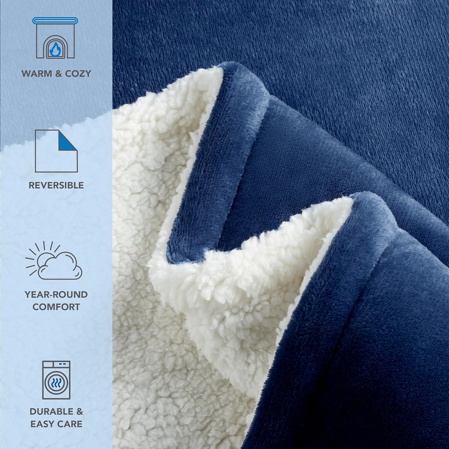 Navy Blue Reversible Sherpa Fleece Throw Blanket, 50x60 inches