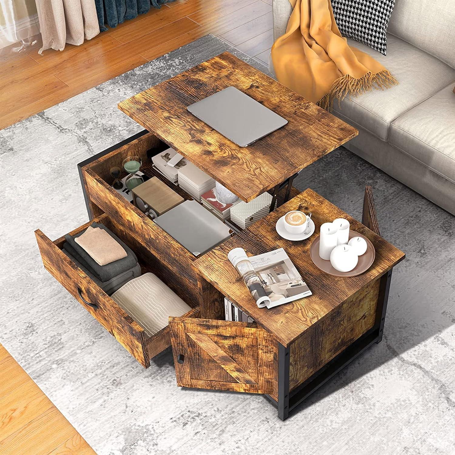 Rustic Brown Lift-Top Coffee Table with Storage Drawer and Cabinet