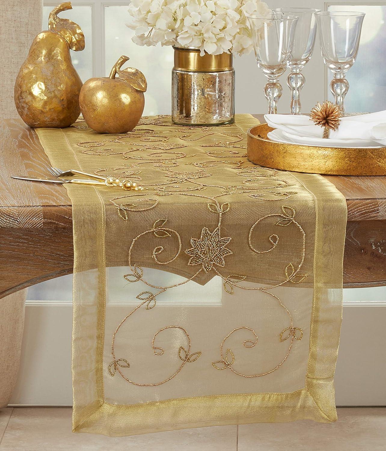 Gold Handmade Beaded Polyester Table Runner