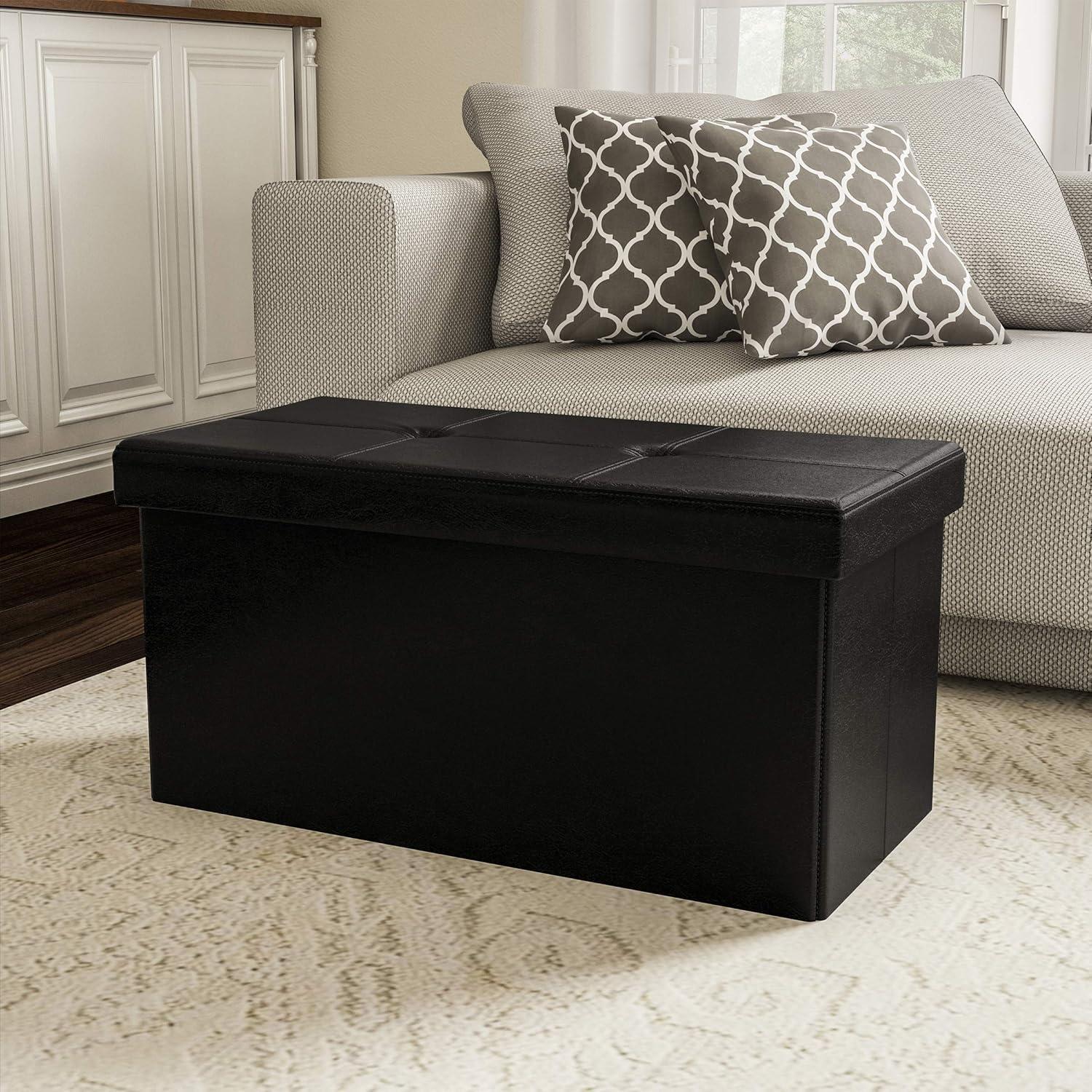 Black Faux Leather 30-Inch Foldable Storage Ottoman Bench