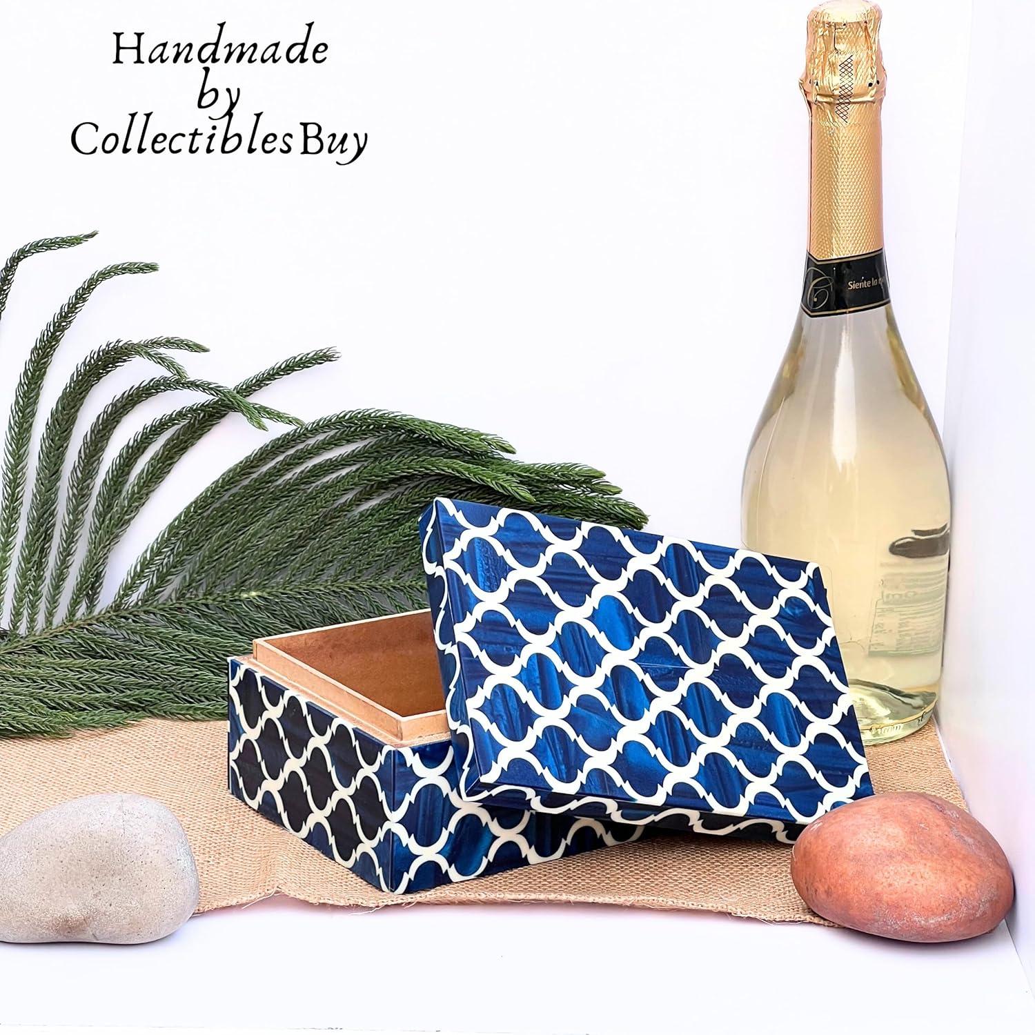 Moroccan Pattern Resin Box Decorative Handmade Storage Box 7x3 x5 inche Blue & White collectiblesbuy