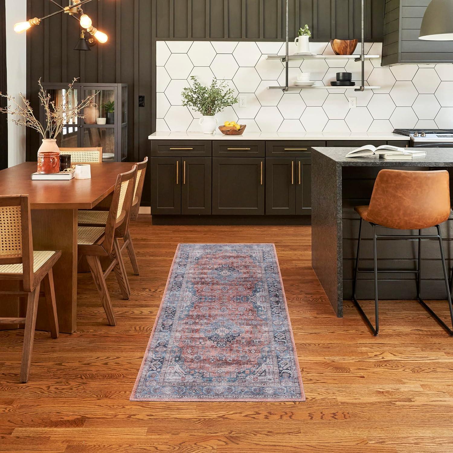 Nourison Washable Brilliance 2' x 6' Blue/Multi Vintage Indoor Bathroom, Kitchen Runner Rug