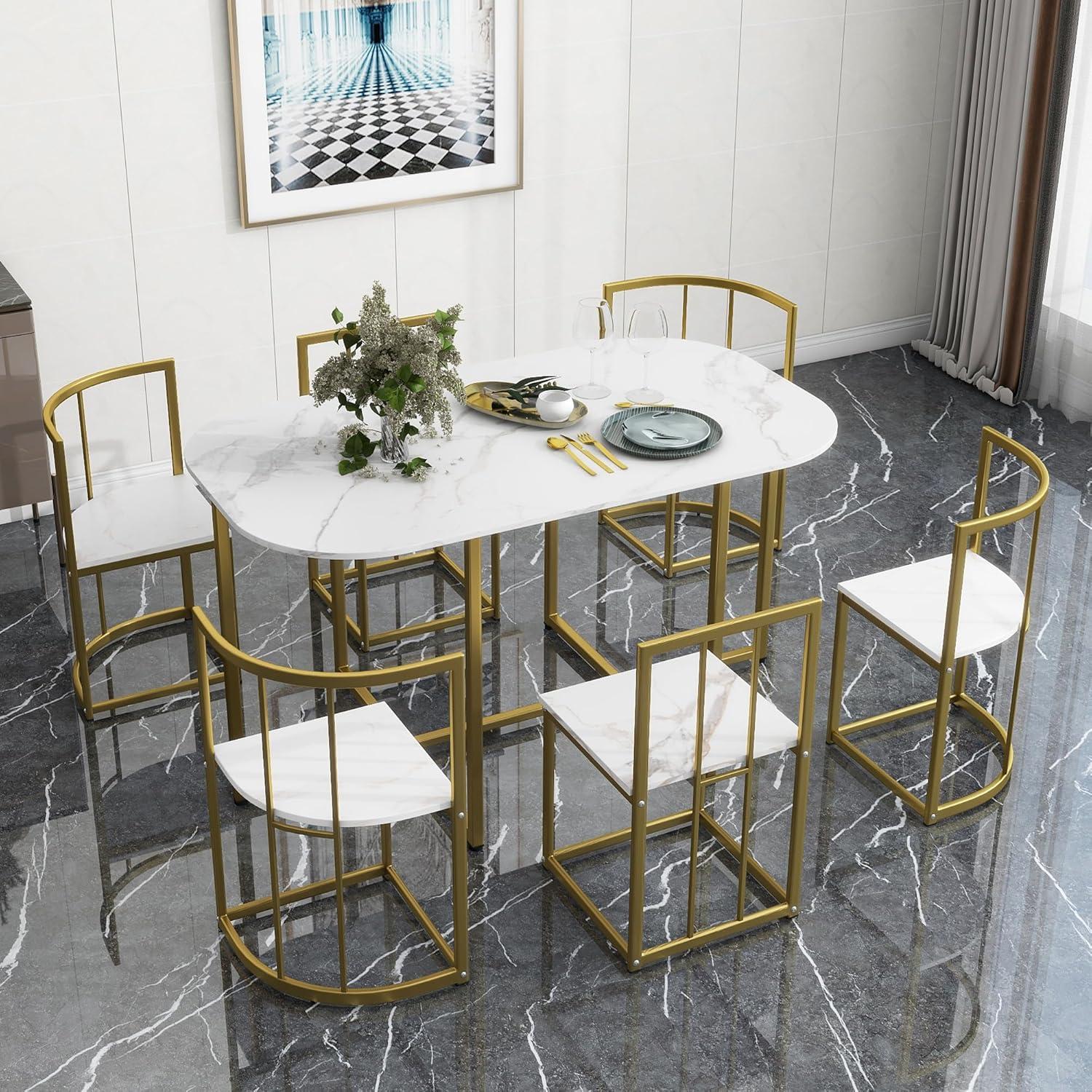 Merax Metal Dining Room Table Set with Chairs for Small Space 7 Piece Kitchen Dining Table Set for 6, Space Saving, Golden White