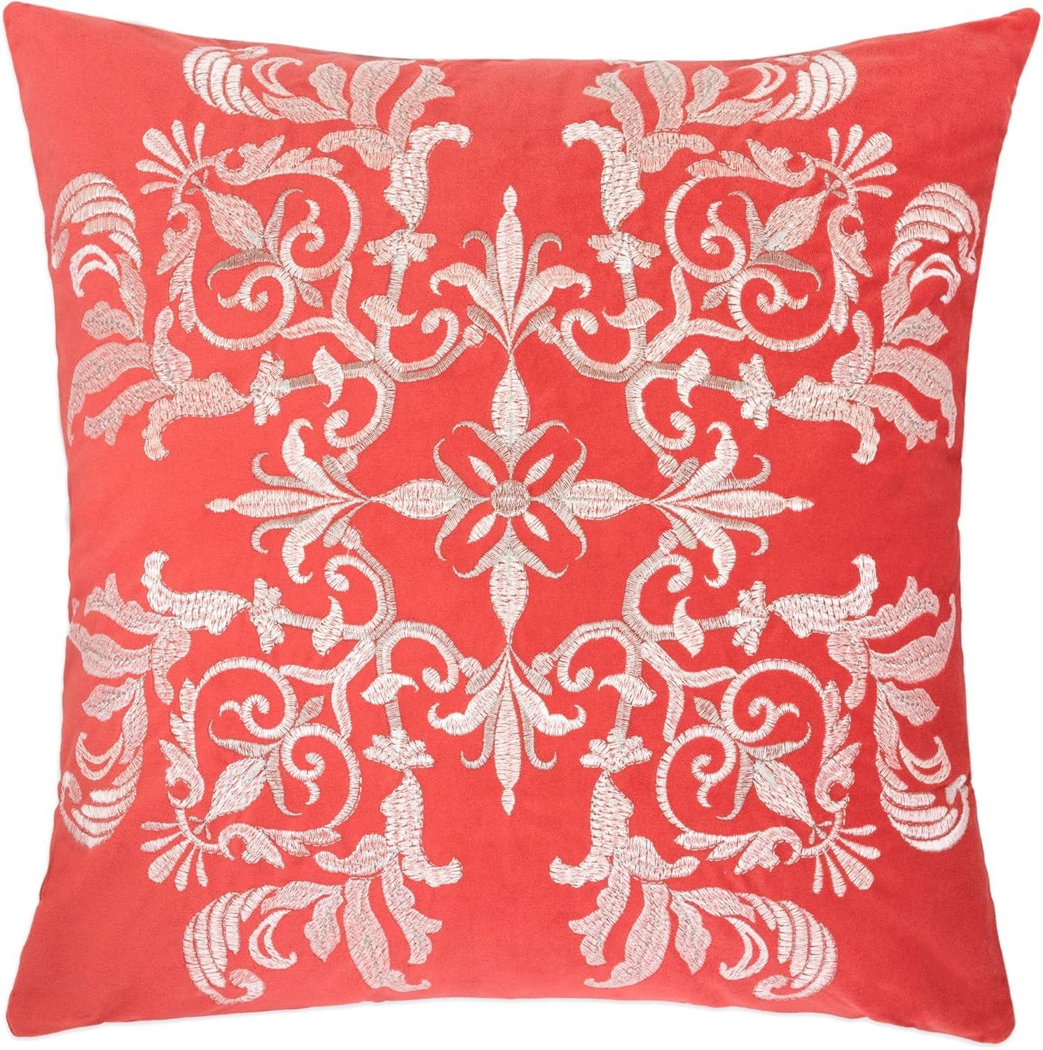 Coral Embroidered Square Polyester Throw Pillow