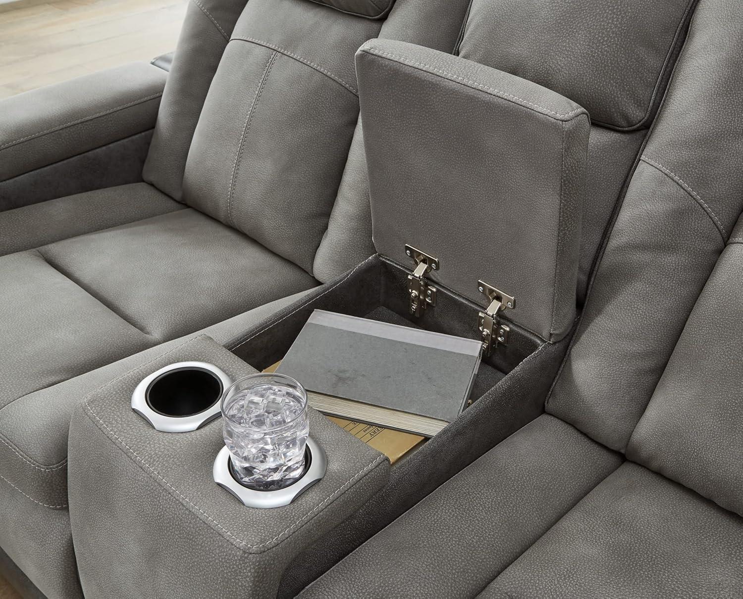 Gray Faux Leather Power Reclining Loveseat with Storage and Cup Holder