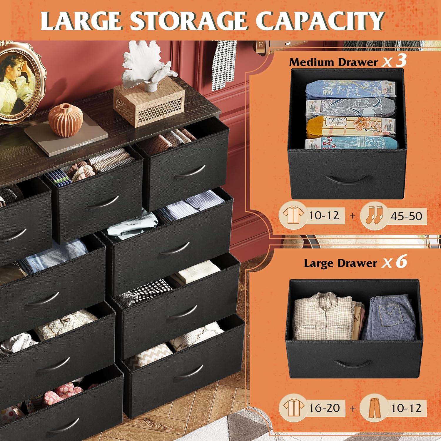 DUMOS Dresser for Bedroom, Storage Organizer with 9 Drawers, Chest of Drawers with Fabric Bins, Sturdy Metal Frame, Wood Tabletop for Guest Room, Closet, Entryway, Nursery
