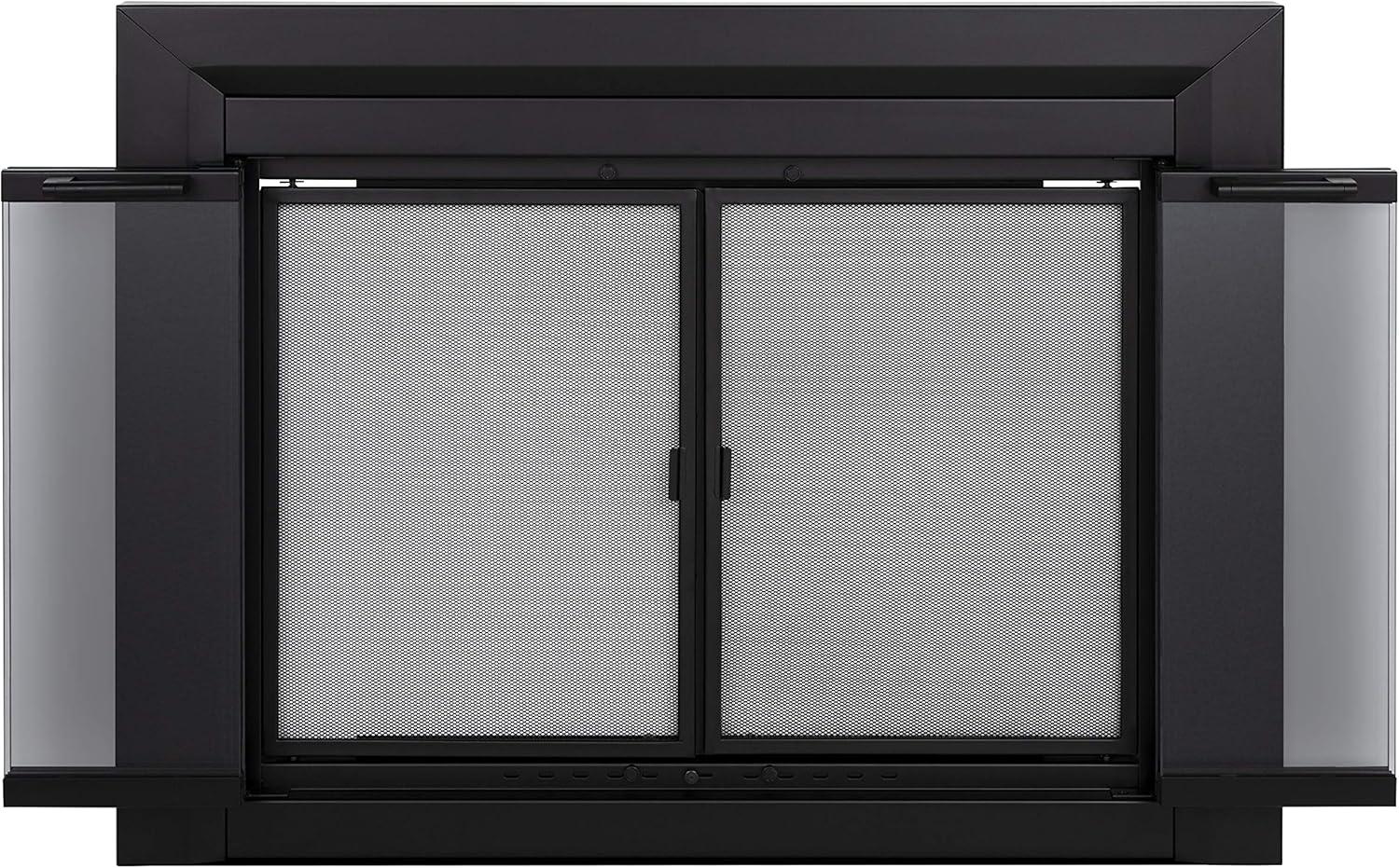 Pleasant Hearth Clairmont Fireplace Screen and Bi-Fold Track-Free Smoked Glass Doors - Black