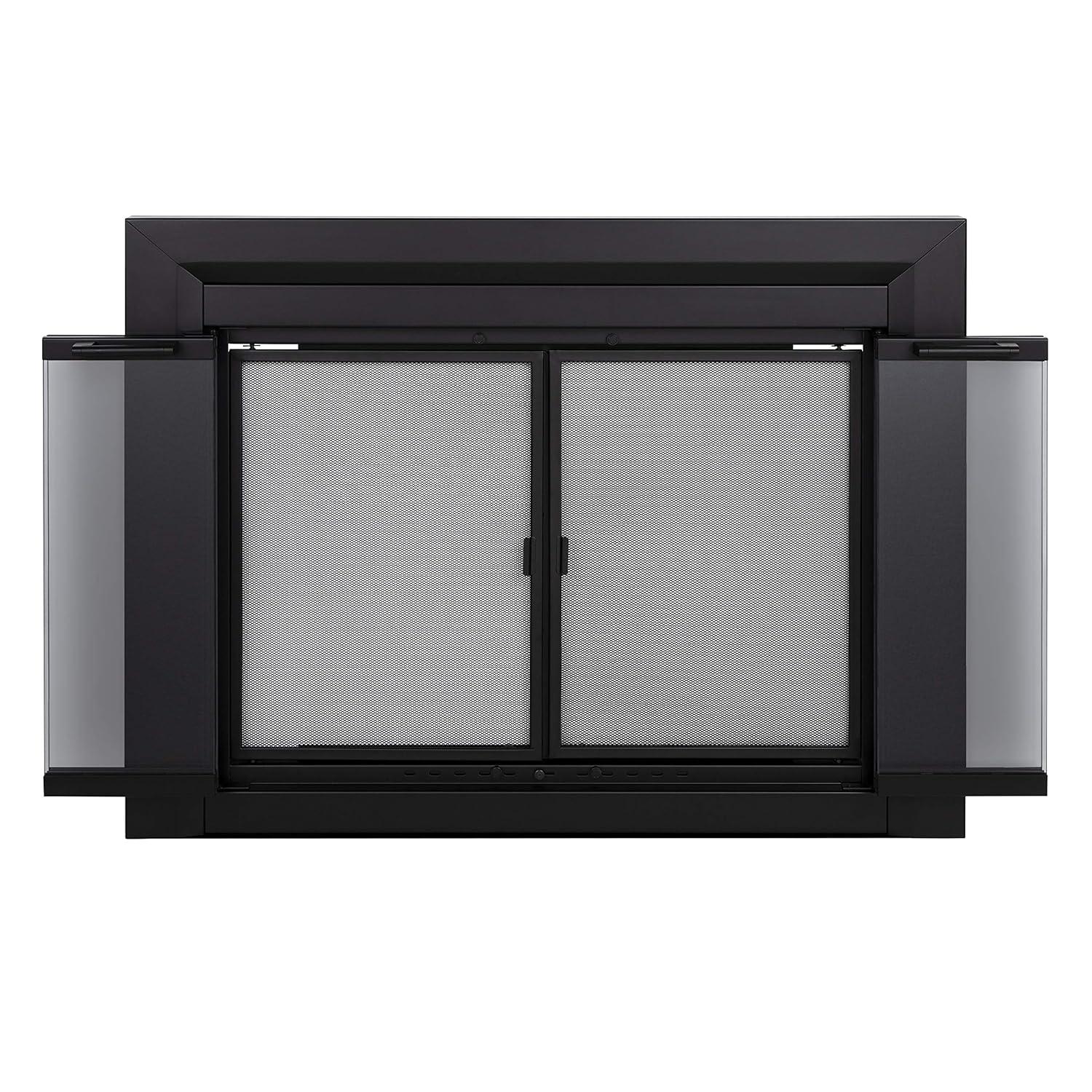 Pleasant Hearth Clairmont Fireplace Screen and Bi-Fold Track-Free Smoked Glass Doors - Black
