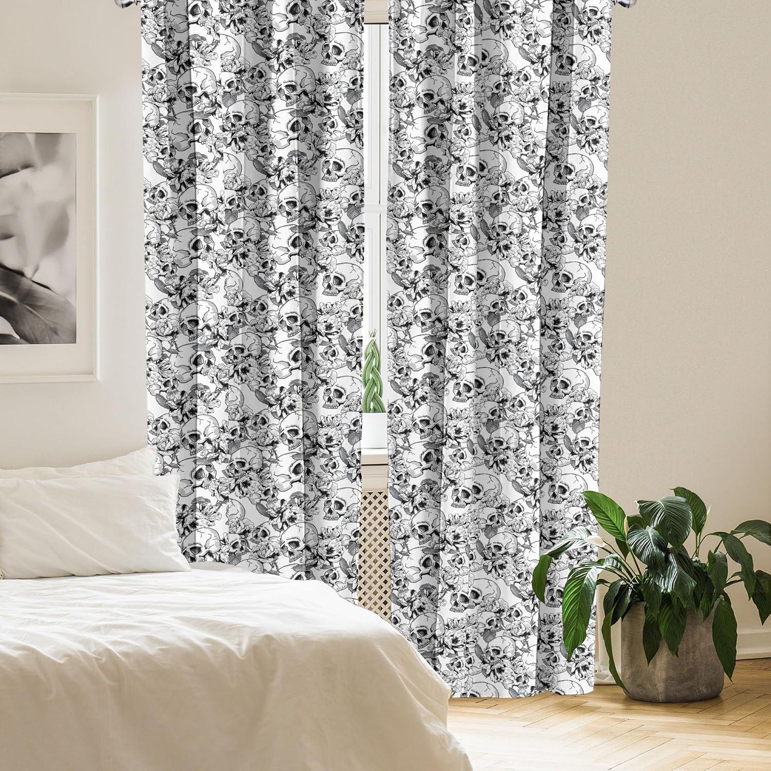 Ambesonne Celebration Curtains, Sketch Dead Skull, Pair of 28"x84", Black and White