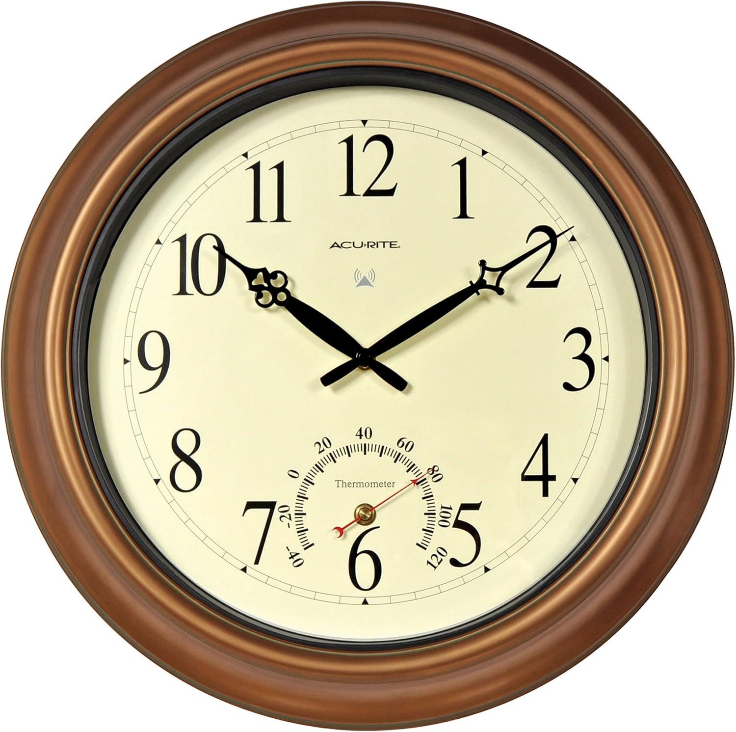 Oversized Copper Analog Wall Clock with Thermometer